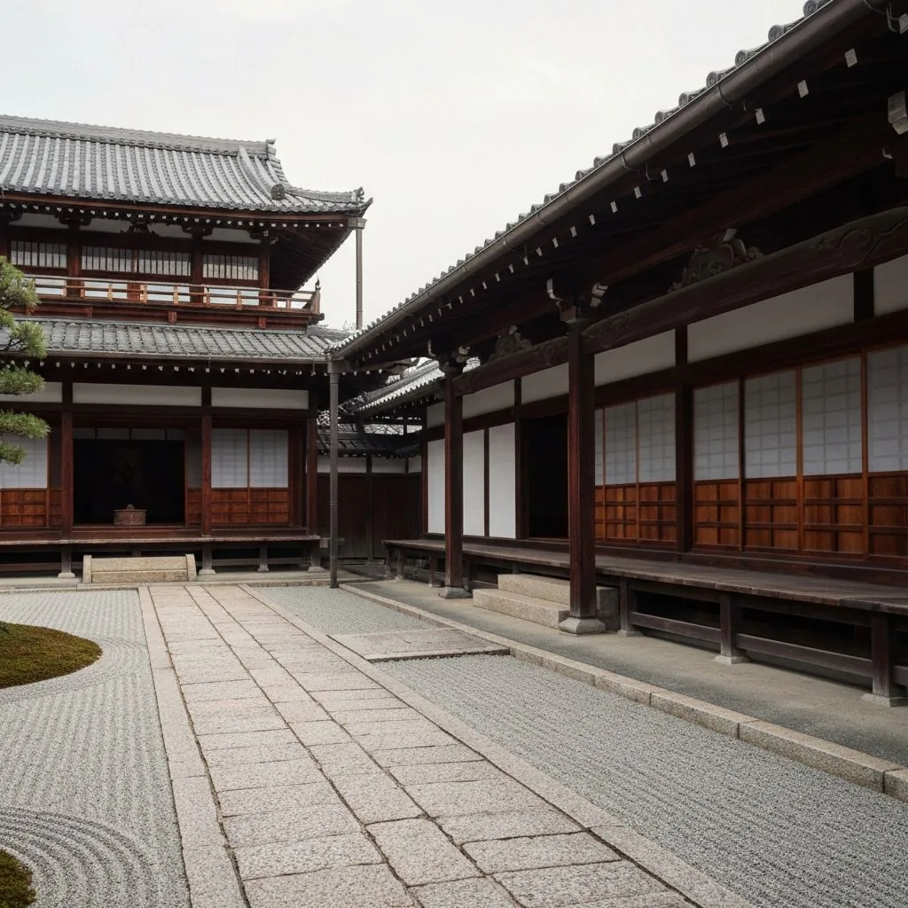 Echo Less Arc temple exterior — traditional Japanese wooden building with raked gravel garden